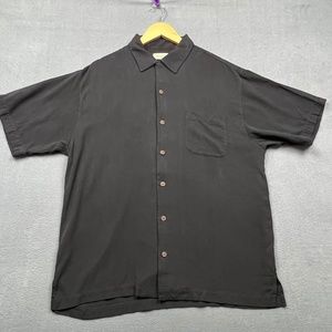 Tommy Bahama Shirt Mens Medium Black Hawaiian Camp Silk Embroidery Ride The Tip